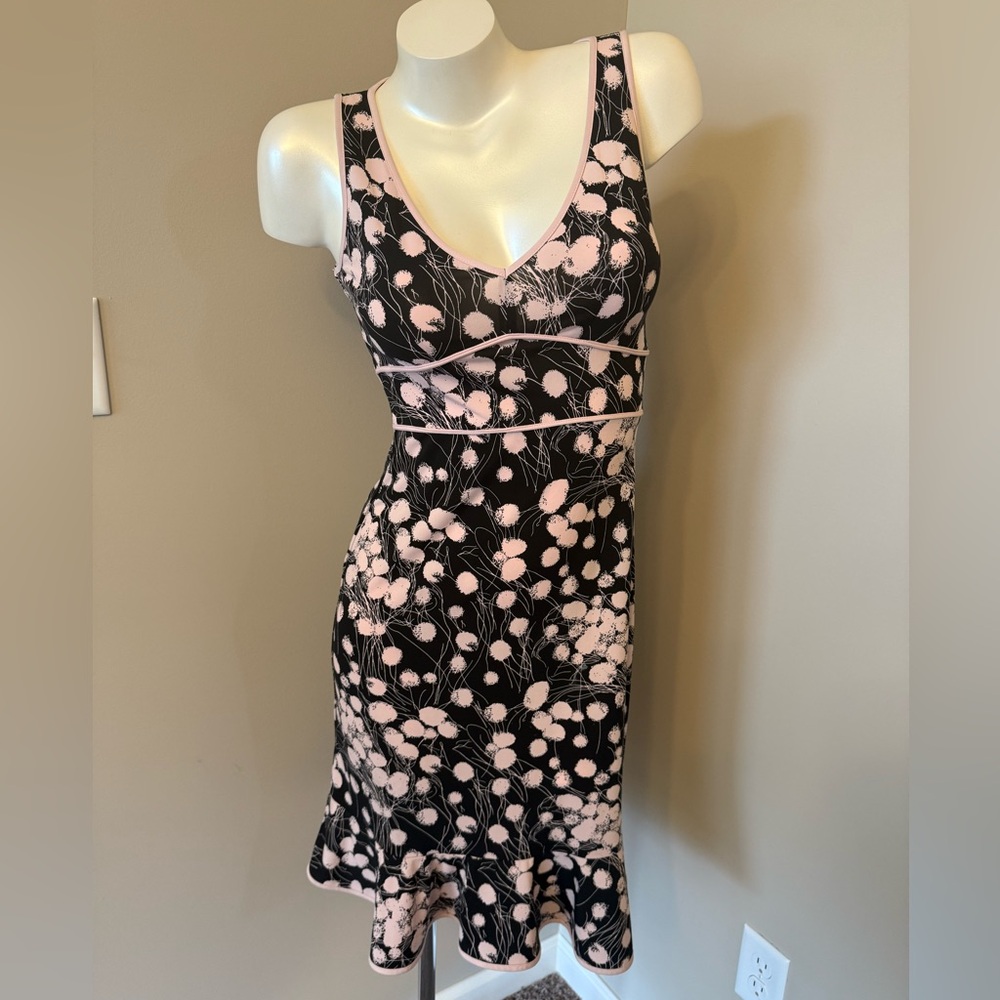 BCBGMAXAZRIA Tank Dress Sz XS Black Pink Floral Ruffle Made in The USA 🇺🇸 EC